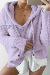 Hnewly - Casual Solid Split Joint Draw String Hooded Collar Tops Purple / S Tops/Sweats & Hoodies