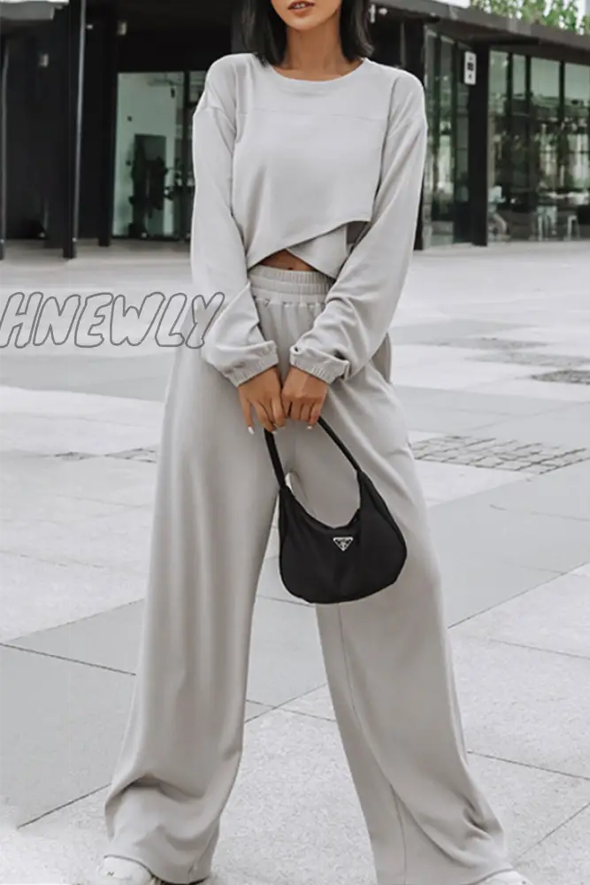 Hnewly - Casual Street Solid Split Joint Basic O Neck Long Sleeve Two Pieces Grey / S