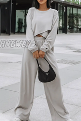 Hnewly - Casual Street Solid Split Joint Basic O Neck Long Sleeve Two Pieces Grey / S
