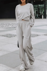 Hnewly - Casual Street Solid Split Joint Basic O Neck Long Sleeve Two Pieces Pieces/Two-Piece Pants