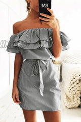 Hnewly - Casual Striped Flounce Off The Shoulder Pencil Skirt Dresses(4 Colors) Black / S