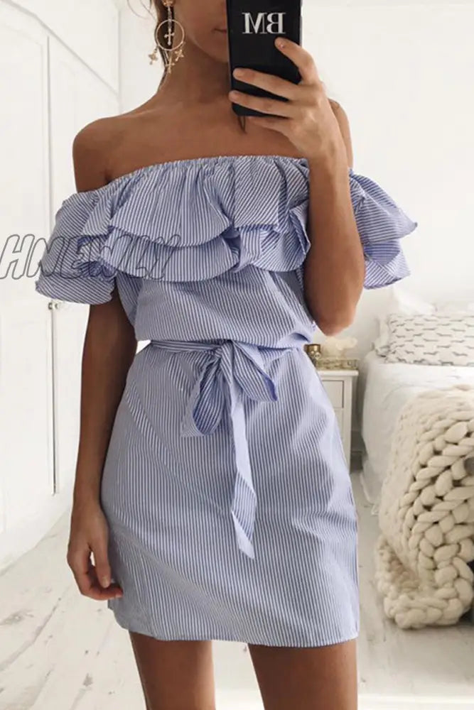 Hnewly - Casual Striped Flounce Off The Shoulder Pencil Skirt Dresses(4 Colors) Blue / S