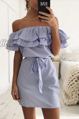 Hnewly - Casual Striped Flounce Off The Shoulder Pencil Skirt Dresses(4 Colors) Blue / S