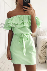 Hnewly - Casual Striped Flounce Off The Shoulder Pencil Skirt Dresses(4 Colors) Green / S