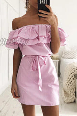 Hnewly - Casual Striped Flounce Off The Shoulder Pencil Skirt Dresses(4 Colors) Pink / S