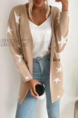 Hnewly - Casual The Stars Patchwork Pocket V Neck Outerwear Sweater Khaki / S