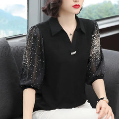 Hnewly Casual V-Neck Half Sleeve Women Chiffon Blouses Shirts Lady Leopard Patchwork Spring Summer