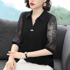 Hnewly Casual V-Neck Half Sleeve Women Chiffon Blouses Shirts Lady Leopard Patchwork Spring Summer