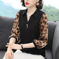 Hnewly Casual V-Neck Half Sleeve Women Chiffon Blouses Shirts Lady Leopard Patchwork Spring Summer