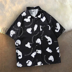 Hnewly Cat Graffiti Shirt Street Style Crop Top Women Summer Women’s Shirts Short Sleeve Cool