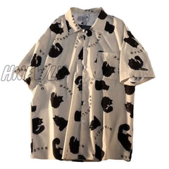 Hnewly Cat Graffiti Shirt Street Style Crop Top Women Summer Women’s Shirts Short Sleeve Cool