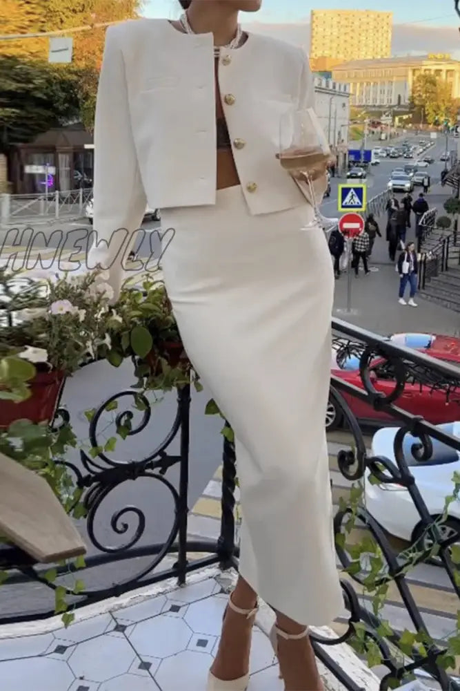 Hnewly - Celebrities Elegant Solid Buckle O Neck Long Sleeve Two Pieces White / S Pieces/Two-Piece
