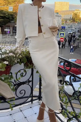 Hnewly - Celebrities Elegant Solid Buckle O Neck Long Sleeve Two Pieces White / S Pieces/Two-Piece