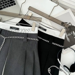 Hnewly Chain Pleated Mini Skirt Women High Waist A-Line Fake 2 Pieces Irregular Vintage Short