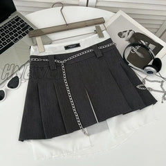 Hnewly Chain Pleated Mini Skirt Women High Waist A-Line Fake 2 Pieces Irregular Vintage Short