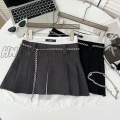 Hnewly Chain Pleated Mini Skirt Women High Waist A-Line Fake 2 Pieces Irregular Vintage Short