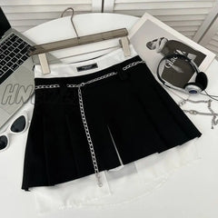 Hnewly Chain Pleated Mini Skirt Women High Waist A-Line Fake 2 Pieces Irregular Vintage Short
