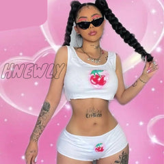 Hnewly Cherry Print White Lingerie 2 Piece Set Women Cute Sexy Underwear Crop Top With Shorts Y2K