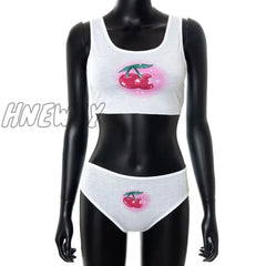 Hnewly Cherry Print White Lingerie 2 Piece Set Women Cute Sexy Underwear Crop Top With Shorts Y2K