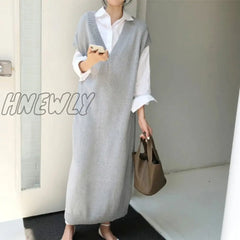 Hnewly Chic Casual Winter Oversize Straight Sleeveless Sweater Dress Women Thick Knit Long Female