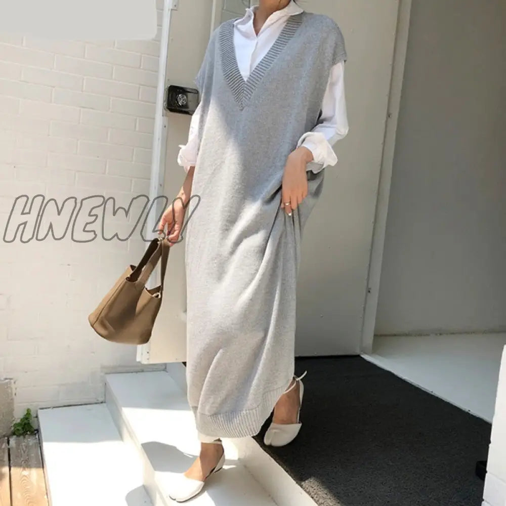 Hnewly Chic Casual Winter Oversize Straight Sleeveless Sweater Dress Women Thick Knit Long Female
