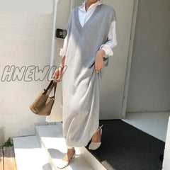 Hnewly Chic Casual Winter Oversize Straight Sleeveless Sweater Dress Women Thick Knit Long Female
