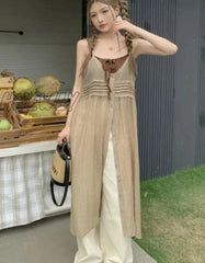 Hnewly Chic Design Thin Vest Midi Dress Sleeveless V Neck Solid High Waist Fairy Wind Dresses