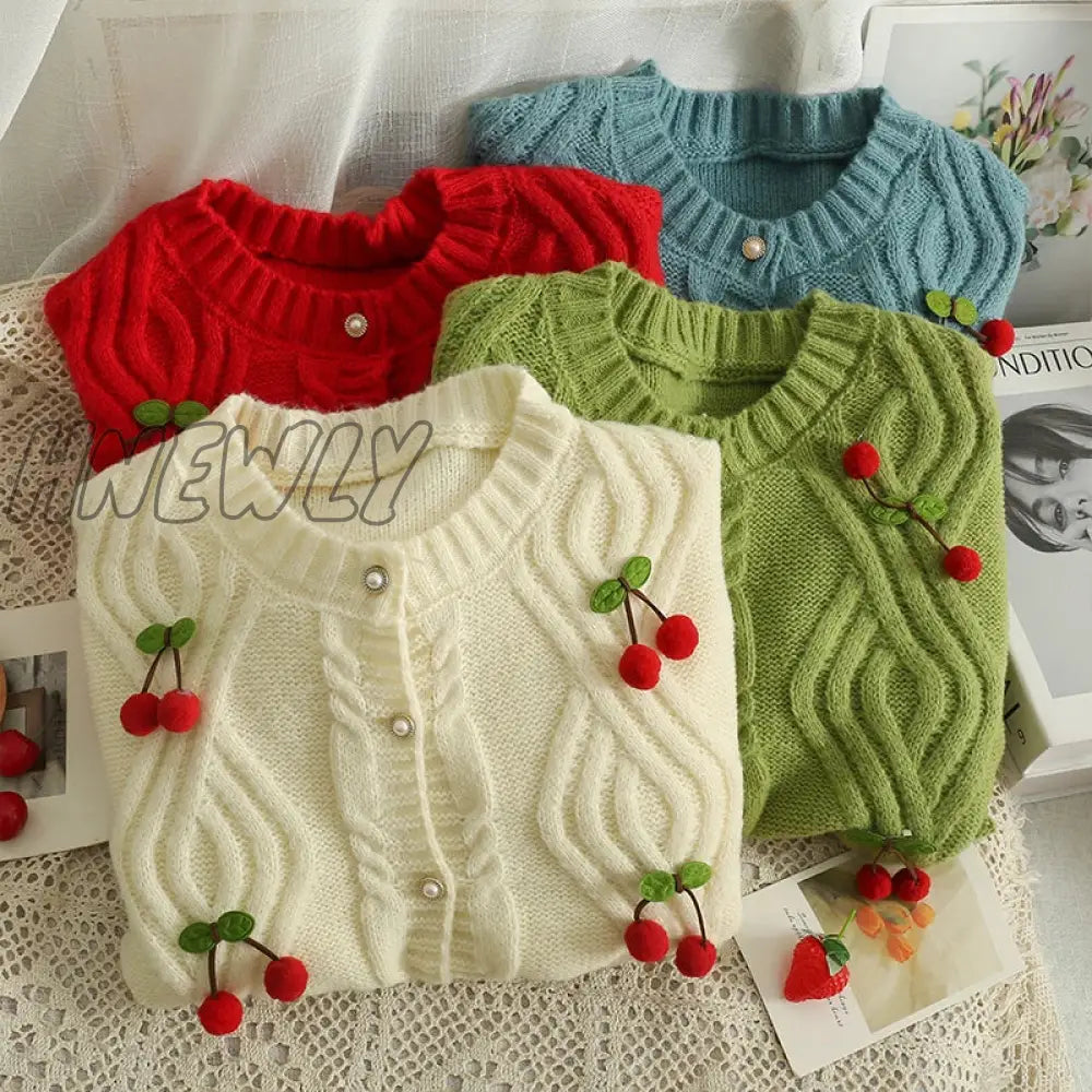 Hnewly Chic Fashion Cherry Knitted Cardigan Women Autumn Cute Button Up O-Neck Long Sleeve Coat