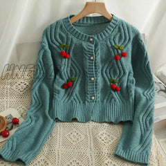 Hnewly Chic Fashion Cherry Knitted Cardigan Women Autumn Cute Button Up O-Neck Long Sleeve Coat