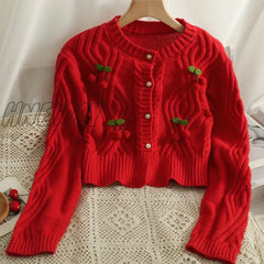 Hnewly Chic Fashion Cherry Knitted Cardigan Women Autumn Cute Button Up O-Neck Long Sleeve Coat