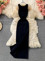 Hnewly Chic Fashion Woman Dress Solid O Neck Sleeveless Maxi Dresses Vintage Summer High Waist