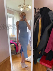 Hnewly Chic Fashion Woman Dress Solid O Neck Sleeveless Maxi Dresses Vintage Summer High Waist