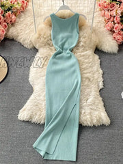 Hnewly Chic Fashion Woman Dress Solid O Neck Sleeveless Maxi Dresses Vintage Summer High Waist