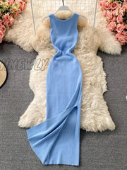 Hnewly Chic Fashion Woman Dress Solid O Neck Sleeveless Maxi Dresses Vintage Summer High Waist