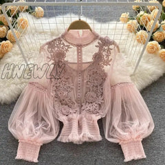 Hnewly Chic Fashion Women Tops 3D Floral Patchwork Perspective Mesh Lantern Sleeve Lace Female