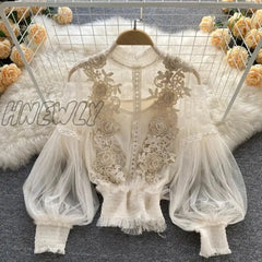 Hnewly Chic Fashion Women Tops 3D Floral Patchwork Perspective Mesh Lantern Sleeve Lace Female