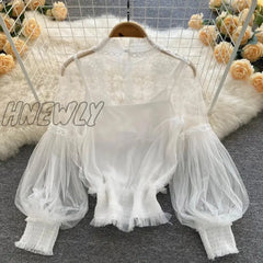 Hnewly Chic Fashion Women Tops 3D Floral Patchwork Perspective Mesh Lantern Sleeve Lace Female