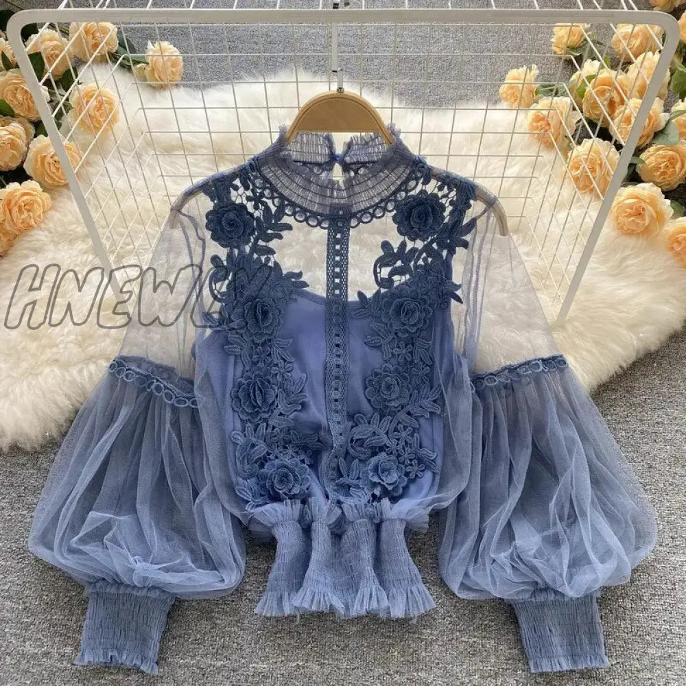 Hnewly Chic Fashion Women Tops 3D Floral Patchwork Perspective Mesh Lantern Sleeve Lace Female