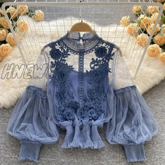 Hnewly Chic Fashion Women Tops 3D Floral Patchwork Perspective Mesh Lantern Sleeve Lace Female