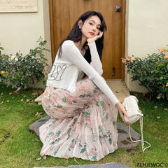 2023 Chic Korea Clothes Summer Women Cute Sweet Girls Floral Printed Robe Holiday Date High Waist