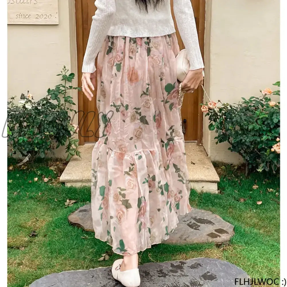 Chic Korea Clothes Summer Women Cute Sweet Girls Floral Printed Robe Holiday Date High Waist Ruffles Pink Long Maxi Skirts