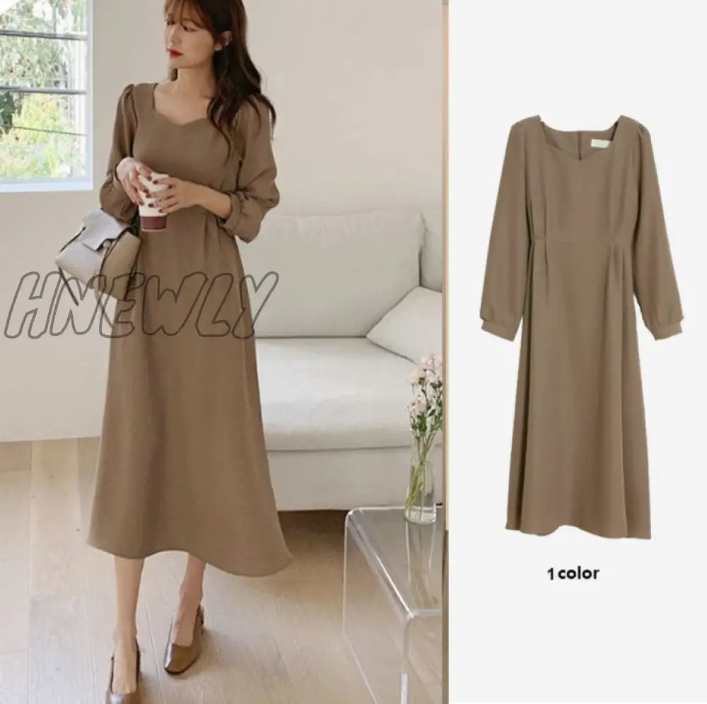 Hnewly Chic Korean Fashion Women Temperament Office Lady Elegant Work Basic Wear Solid Vintage Long
