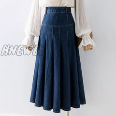 Hnewly Chic Pleated Jeans Skirts Spring Autumn High Waist Long Washing Ladies Straight Women