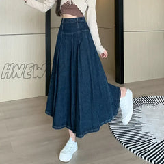 Hnewly Chic Pleated Jeans Skirts Spring Autumn High Waist Long Washing Ladies Straight Women