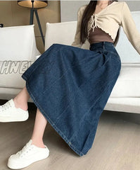 Hnewly Chic Pleated Jeans Skirts Spring Autumn High Waist Long Washing Ladies Straight Women