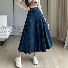 Chic Pleated Jeans Skirts Spring Autumn High Waist Long Washing Ladies Straight Women Loose Denim Midi Skirts