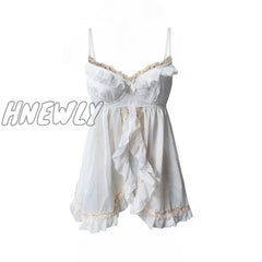 Hnewly Chic Retro Fairycore Ruffles Tops 2000S Low Cut Split Milkmaid Camis Sexy Backless Halter