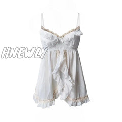 Hnewly Chic Retro Fairycore Ruffles Tops 2000S Low Cut Split Milkmaid Camis Sexy Backless Halter
