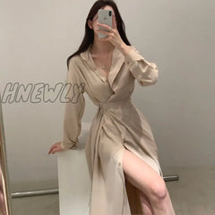 Hnewly Chic Slim Waist Shirt Dress Woman Clothes Single-Breasted Sexy Split Long Dresses Female
