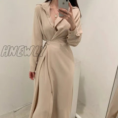 Hnewly Chic Slim Waist Shirt Dress Woman Clothes Single-Breasted Sexy Split Long Dresses Female